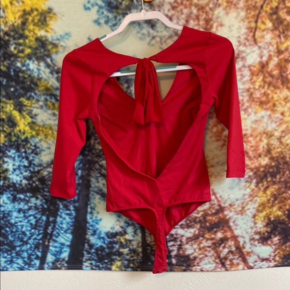 Free People Red 3/4 Sleeve Cut Out Bodysuit - Picture 4 of 7